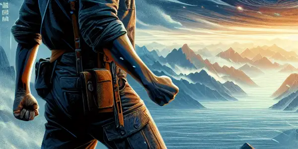 A determined young protagonist stands on a cliff, gazing at a stormy horizon filled with dark clouds and distant mountains.