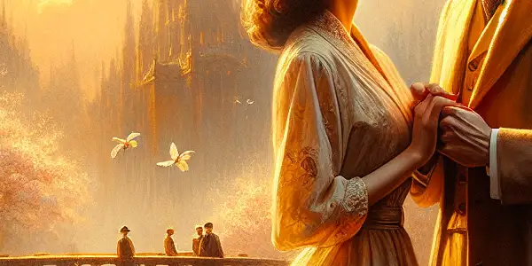 A romantic couple on a bridge under a golden sunset, surrounded by blooming cherry blossoms and ancient architecture.