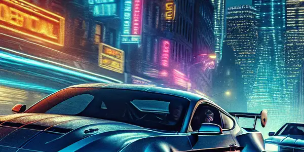 A thrilling street racing showdown featuring a high-performance sports car speeding through neon-lit New York City at night.