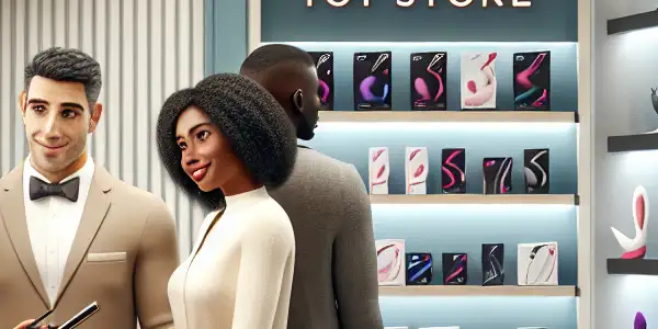 A modern adult toy store interior featuring diverse products, a welcoming atmosphere, and friendly customer assistance.