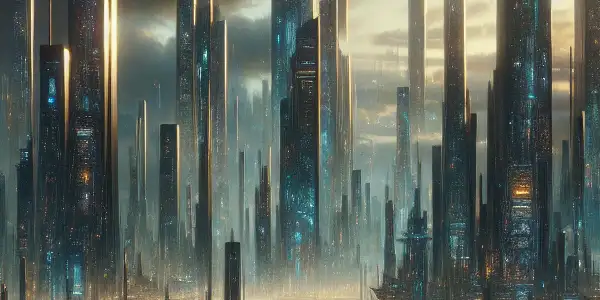 A futuristic cityscape with diverse heroes in action, illuminated by neon lights and nature reclaiming the urban environment.