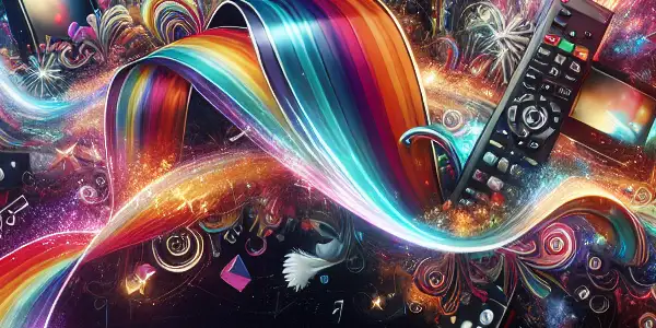 A modern living room with a large TV displaying vibrant visuals, plush seating, and a cozy, inviting atmosphere.