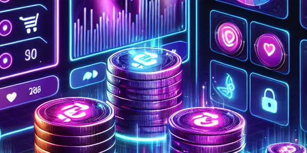 A futuristic digital interface showcasing virtual currency for adult content, featuring vibrant graphics and user-friendly dashboard elements.