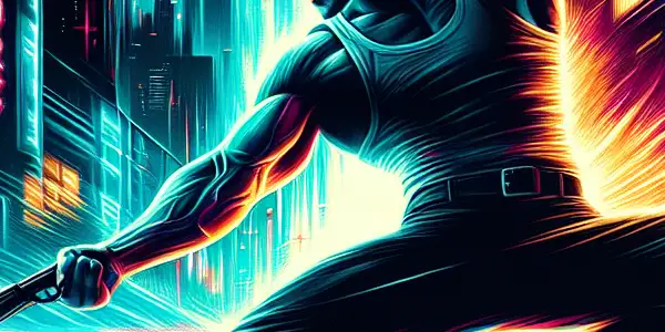 Donnie Yen in an action pose against a neon-lit Hong Kong skyline, featuring a police car and antagonist.