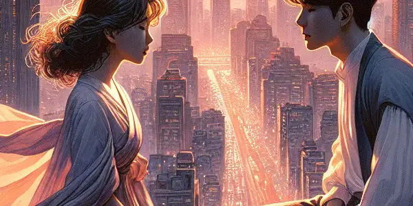 A passionate couple on a rooftop in a bustling city at dusk, symbolizing forbidden love amidst a vibrant skyline.