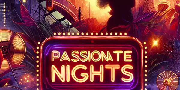 A vibrant cityscape at night featuring neon signs, silhouettes of couples, and symbols of adult media and literature.