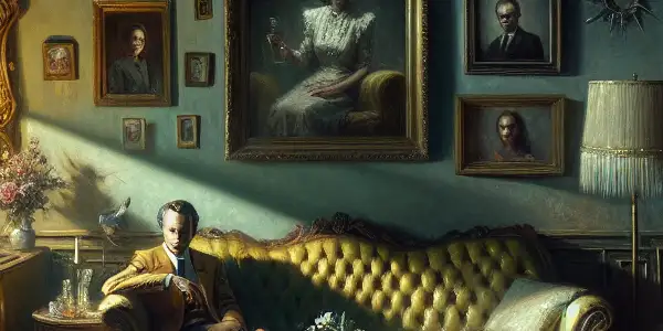 A dimly lit living room with two figures conveying emotional tension, family portraits, and symbols of taboo themes.