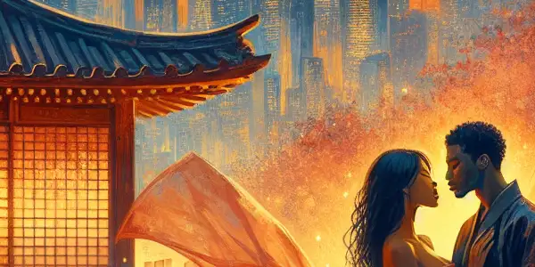 A romantic couple in an Asian courtyard at dusk, surrounded by cherry blossoms and soft lantern light.