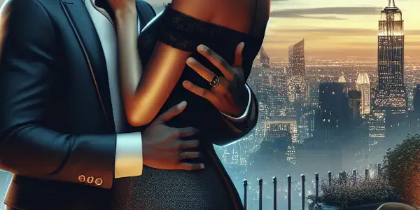 A romantic couple shares an intimate moment on a stylish rooftop terrace against a shimmering city skyline at twilight.