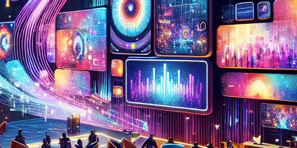 A modern digital lounge showcasing vibrant entertainment content on large screens in a high-tech, inviting atmosphere.