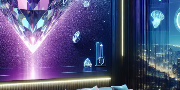 A futuristic diamond device in a luxurious home theater, surrounded by holographic displays and a modern cityscape.
