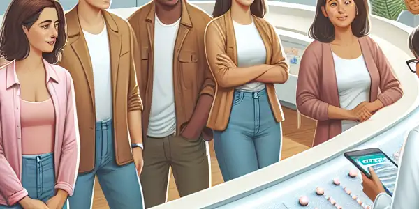 A diverse group of adults discusses modern contraceptive methods in a welcoming health clinic setting.