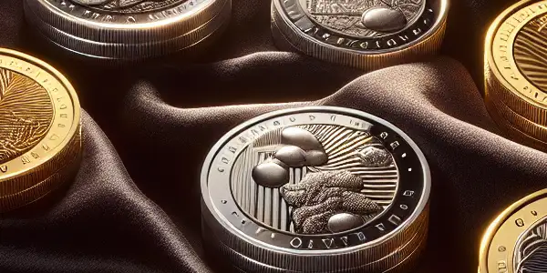 A collection of adult-themed commemorative coins made of gold and silver, arranged on dark velvet.