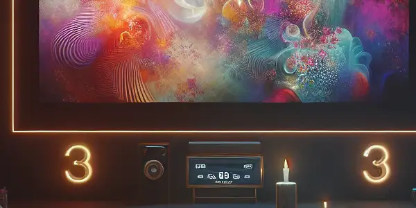 A cozy home theater with plush seating, ambient lighting, and a large screen displaying abstract visuals.