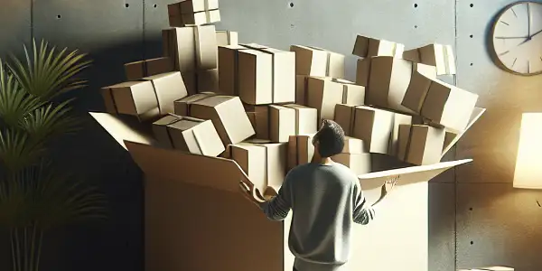 A neutral-colored box being opened in a cozy living room, conveying excitement and privacy.