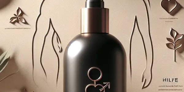 A sleek bottle of "2026AV" delay spray surrounded by natural elements, symbolizing intimacy and enhancement.