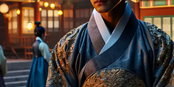A brooding male protagonist in a regal hanbok stands in a twilight palace courtyard, surrounded by shadowy rivals.