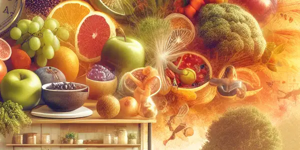 A lively scene of diverse individuals exercising in a sunlit park, surrounded by fresh fruits and vegetables.