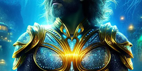 Aquaman stands heroically in Atlantean armor, surrounded by Atlantis' vibrant underwater kingdom and fantastical sea creatures.