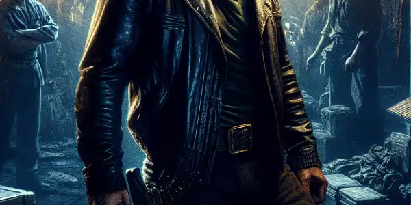 A charismatic arms dealer stands amidst a bustling underground market filled with weapons and shadowy figures negotiating deals.