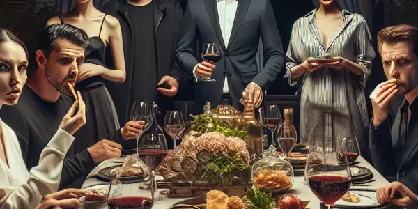 A tense dinner scene with seven friends revealing secrets, showcasing emotional turmoil and hidden tensions in a sophisticated setting.