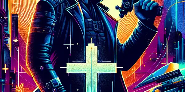 A futuristic cityscape at twilight featuring a heroic character with a high-tech cross-shaped weapon amidst neon action elements.