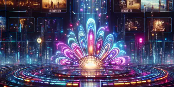 A futuristic entertainment hub featuring a high-tech interface with vibrant adult film thumbnails and neon lighting.