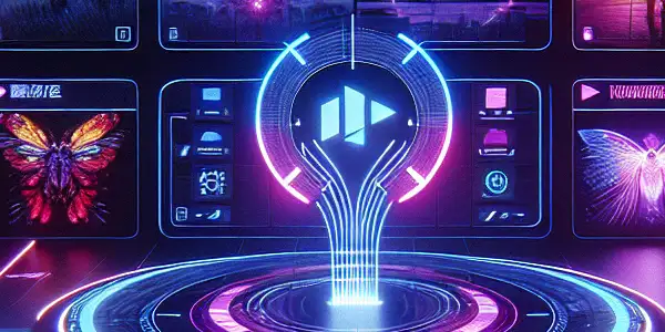 A vibrant digital marketplace showcasing abstract adult film media in a futuristic, neon-lit interface.