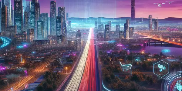 A futuristic cityscape with drones delivering discreet packages, showcasing AI and blockchain in adult content distribution.