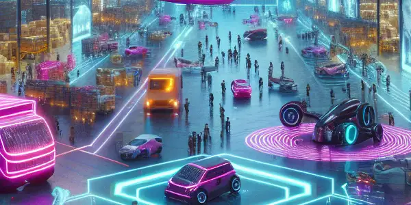 A bustling futuristic logistics hub for adult entertainment, featuring drones, diverse characters, and vibrant neon colors.