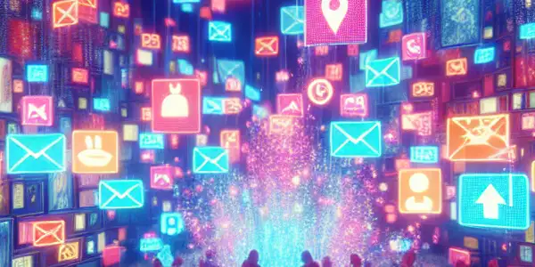 A vibrant digital marketplace filled with colorful red envelopes, symbols of adult entertainment, and glowing screens showcasing enticing content.