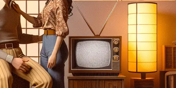 A cozy, dimly lit retro room featuring a couple in vintage clothing, surrounded by nostalgic decor and VHS tapes.