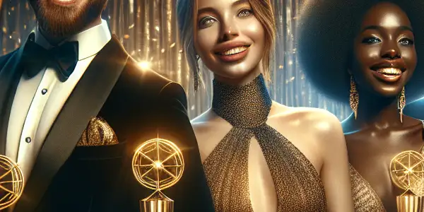 Glamorous award ceremony for adult film stars celebrating achievements with trophies in a luxurious venue.