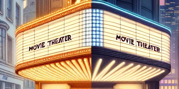 A vibrant contrast between a classic British cinema and a modern American movie theater, showcasing different cultural atmospheres.