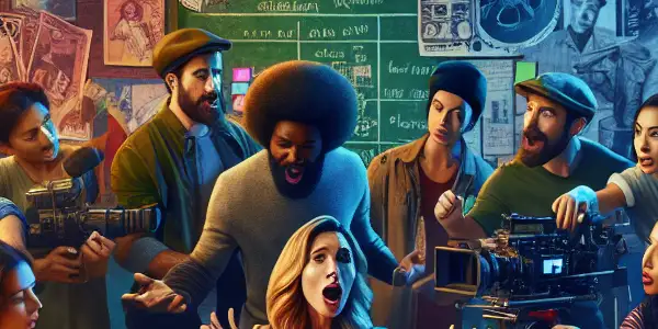 A diverse group of filmmakers collaborates in a vibrant studio filled with creative tools and film posters.