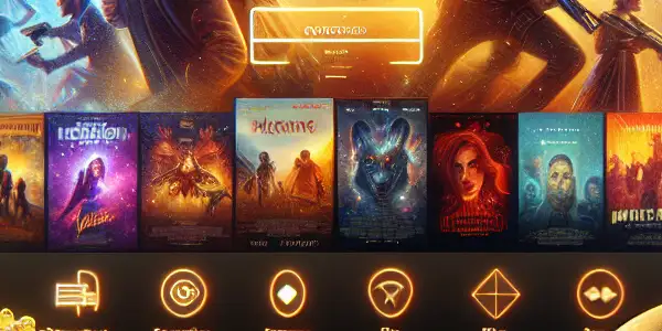 A cozy home theater scene featuring a sleek movie streaming interface with vibrant posters and a large screen.