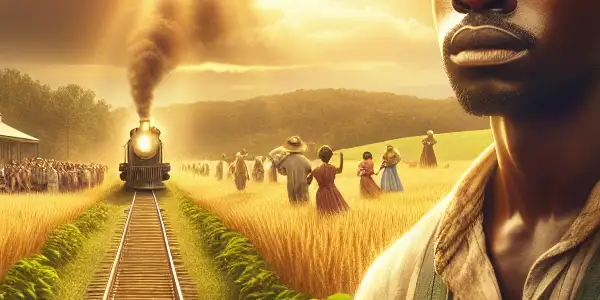 A determined young man at a rustic train station, symbolizing hope and community amidst lush green fields.