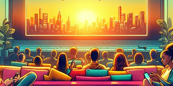 A cozy living room with diverse young adults enjoying mobile movie-watching, featuring warm lighting and popcorn.