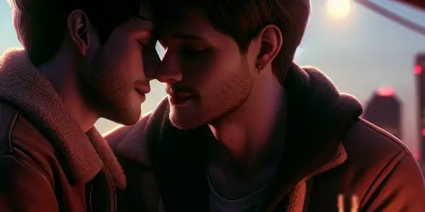 Two male characters share an intimate moment in a dimly lit urban setting, reflecting love's complexity and vulnerability.