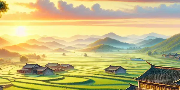 A serene Chinese rural landscape at sunset, featuring a farmhouse, farmers, and vibrant fields.
