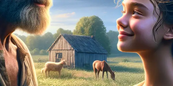 A middle-aged farmer and a young country girl share a heartfelt moment in a lush rural landscape.
