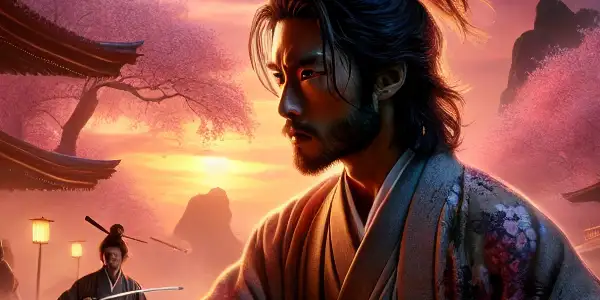 Kenshin Himura stands ready for battle amidst cherry blossoms and traditional architecture, facing shadowy evil forces.