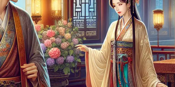 A young man gazes at a beautiful woman in an opulent Ming Dynasty setting, evoking romance and desire.