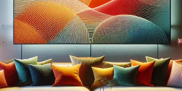 A cozy modern living room with a comfortable sofa, ambient lighting, and Japanese decor, perfect for relaxation.