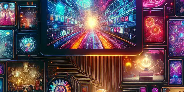 A modern digital interface showcasing diverse adult content thumbnails in a cozy, inviting setting with vibrant colors.