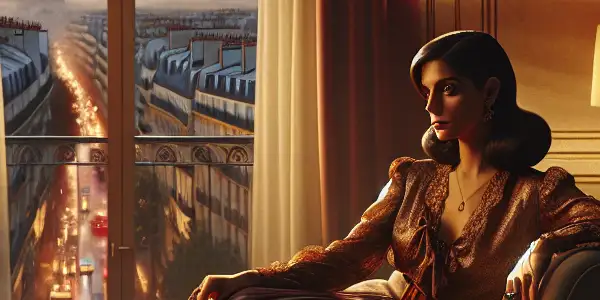 A contemplative woman in a vintage outfit sits in a luxurious Parisian apartment, illuminated by soft, warm light.