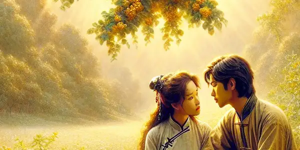 Young lovers under a hawthorn tree in a lush countryside, reflecting deep emotion during China's Cultural Revolution.