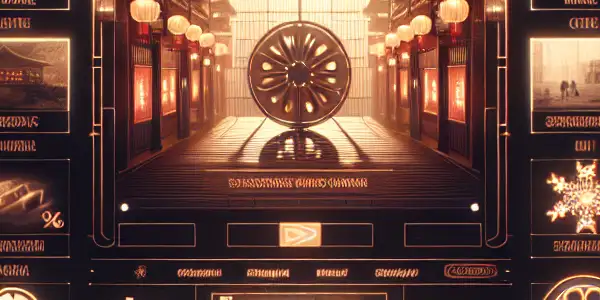 A sleek, modern interface of a fictional adult film website with Japanese pop culture elements in a dimly lit setting.