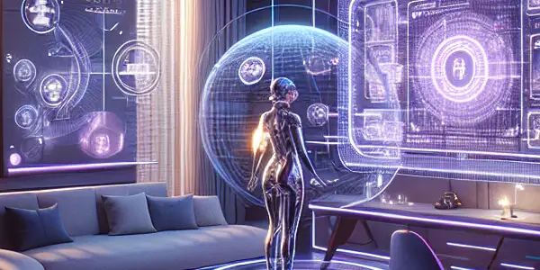 A high-tech room featuring VR technology and holographic screens for personalized adult entertainment in a secure environment.