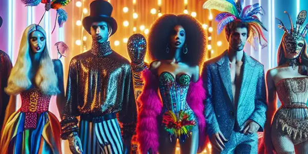 A lively film studio scene featuring diverse actors in colorful costumes engaged in playful adult-themed role-playing challenges.